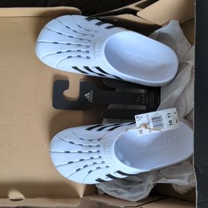 White Adidas Slides with Black Stripes